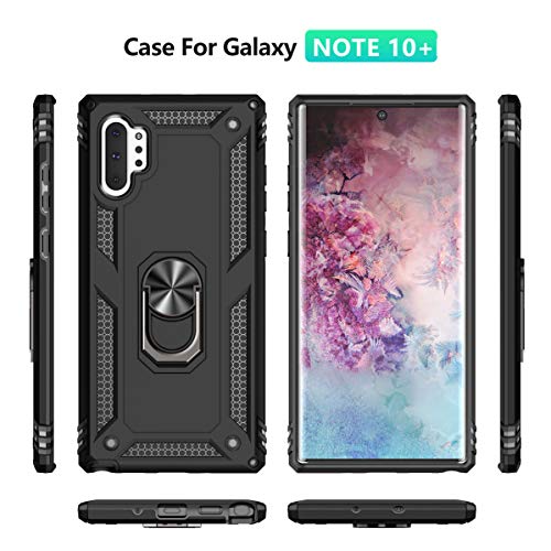 Androgate for Samsung Galaxy Note 10 Plus Case, Note10+ Case with HD Screen Protectors, Military-Grade Metal Ring Holder Stand Drop Tested Shockproof Cover Case for Samsung Note 10+/ 5G Black