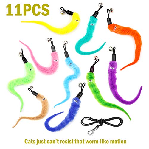 MeoHui Cat Wand Toys Refills, Cat Feather Toys Accessories, 10PCS Squiggly Worms Replacements and 1PC Replacement String for Cat Fishing Pole, Assorted Teaser Refills with Bell for Indoor Cats Kitten