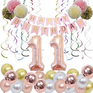 11th birthday decorations supplies rose gold 11 foil balloons, happy birthday banner, hanging swirls, pompoms flowers, metallic chrome balloons, confetti balloons for girls' birthday party