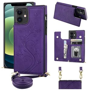 kihuwey compatible with iphone 12 iphone 12 pro crossbody wallet case with card slots, embossed pattern wrist strap kickstand shoulder crossbody cover case 6.1 inch (purple)