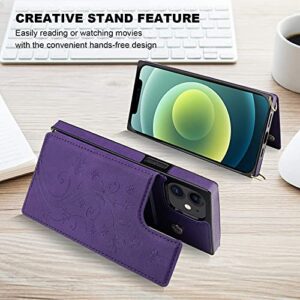 KIHUWEY Compatible with iPhone 12 iPhone 12 Pro Crossbody Wallet Case with Card Slots, Embossed Pattern Wrist Strap Kickstand Shoulder Crossbody Cover Case 6.1 Inch (Purple)