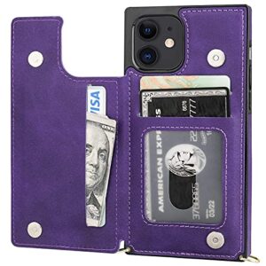 KIHUWEY Compatible with iPhone 12 iPhone 12 Pro Crossbody Wallet Case with Card Slots, Embossed Pattern Wrist Strap Kickstand Shoulder Crossbody Cover Case 6.1 Inch (Purple)