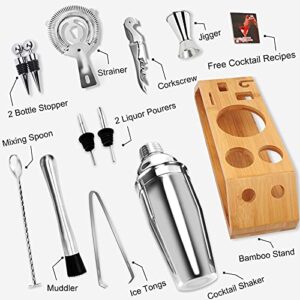 Cocktail Shaker Set Bartender Kit, 12 Pcs Premium Stainless Steel Bar Set Tools : Bamboo Stand, 25 oz Martini Shaker, Cocktail Shaker Set for Mixing Cocktails