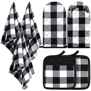 7 pieces buffalo check dish towels pot holders oven mitts set cotton plaid kitchen dish towels non-slip heat resistant oven mitts and pot holders for cooking baking grilling supply (black with white)