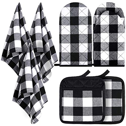 7 Pieces Buffalo Check Dish Towels Pot Holders Oven Mitts Set Cotton Plaid Kitchen Dish Towels Non-Slip Heat Resistant Oven Mitts and Pot Holders for Cooking Baking Grilling Supply (Black with White)