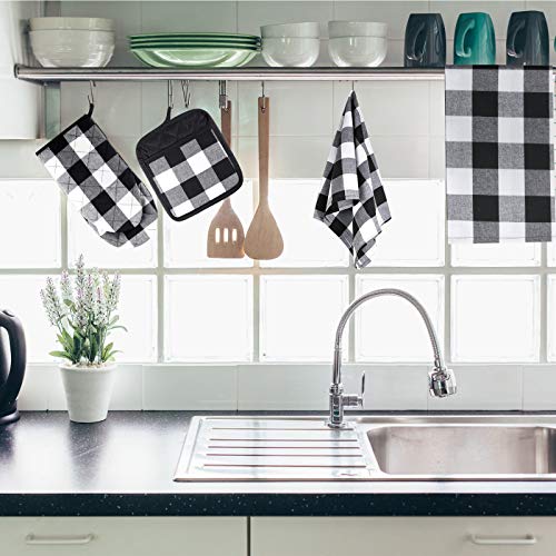 7 Pieces Buffalo Check Dish Towels Pot Holders Oven Mitts Set Cotton Plaid Kitchen Dish Towels Non-Slip Heat Resistant Oven Mitts and Pot Holders for Cooking Baking Grilling Supply (Black with White)