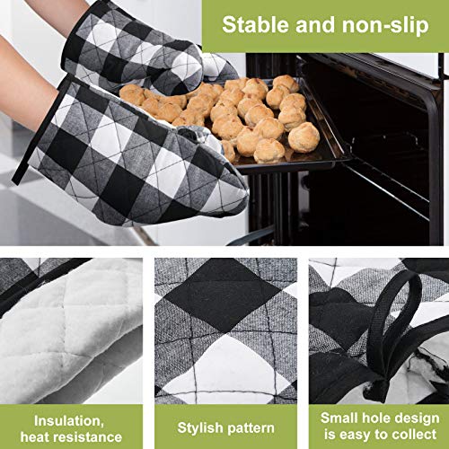 7 Pieces Buffalo Check Dish Towels Pot Holders Oven Mitts Set Cotton Plaid Kitchen Dish Towels Non-Slip Heat Resistant Oven Mitts and Pot Holders for Cooking Baking Grilling Supply (Black with White)