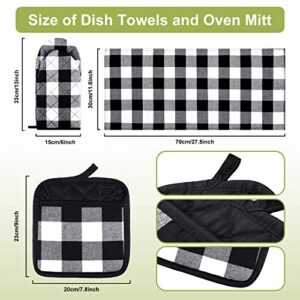 7 Pieces Buffalo Check Dish Towels Pot Holders Oven Mitts Set Cotton Plaid Kitchen Dish Towels Non-Slip Heat Resistant Oven Mitts and Pot Holders for Cooking Baking Grilling Supply (Black with White)