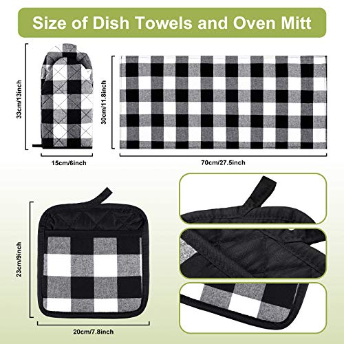 7 Pieces Buffalo Check Dish Towels Pot Holders Oven Mitts Set Cotton Plaid Kitchen Dish Towels Non-Slip Heat Resistant Oven Mitts and Pot Holders for Cooking Baking Grilling Supply (Black with White)