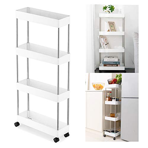 Xerhnan 4 Tier Slim Storage Cart Narrow Shelving Unit Organizer Slide Out Storage Rolling Utility Cart Tower Rack for Kitchen Bathroom Laundry Narrow Places,White