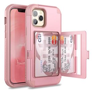 welovecase for iphone 12 pro max wallet case with credit card holder & hidden mirror, three layer shockproof heavy duty protection cover protective case for iphone 12 pro max - 6.7inch rose gold