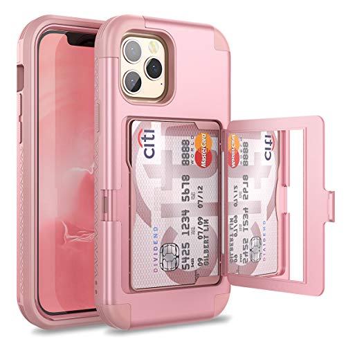WeLoveCase for iPhone 12 Pro Max Wallet Case with Credit Card Holder & Hidden Mirror, Three Layer Shockproof Heavy Duty Protection Cover Protective Case for iPhone 12 Pro Max - 6.7inch Rose Gold
