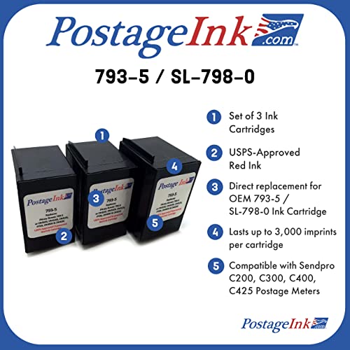 PostageInk.com 793-5 / SL-798-0 Ink Cartridge Replacement for use with P700, DM100i, DM125i, DM150i, DM175i, DM200L, DM225, Pack of 3