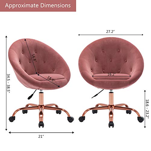 Duhome Modern Home Office Chair Desk Chair Task Computer Chair with Wheels Swivel Vanity Chair Makeup Chair Height Adjustable Chairs Velvet Button Tufted with Wheels and Rose Gold Metal Base (Pink)