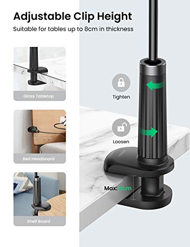 UGREEN Gooseneck Clip Phone Holder for Bed Desk Cell Phone Mount Flexible Lazy Long Arm Clamp Headboard Hand Free Overhead Video Recording Compatible with iPhone Pro Max Samsung Galaxy Ultra, 3.0 ft