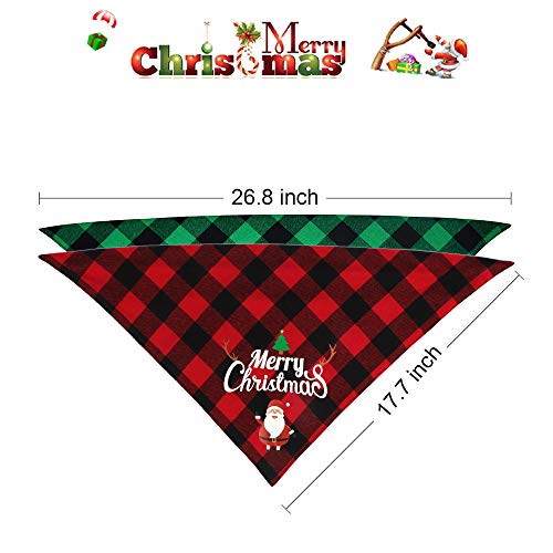 VIPITH 2 Piece Double-Sided Cotton Dog Christmas Bandanas, Classic Plaid Triangle Bibs Scarf, Washable Adjustable Kerchief Set Pet Costume Accessories for Small Medium Large Dogs Cats Pets