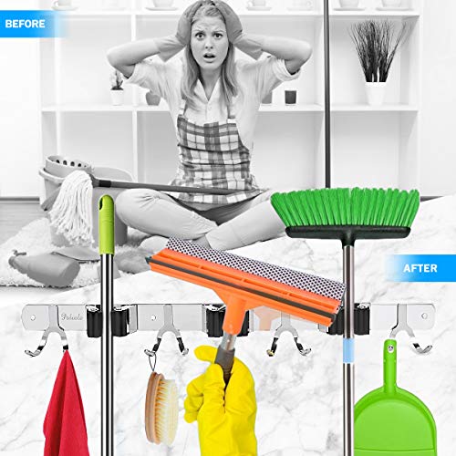 Poboola Mop Broom Holder, Stainless Steel Wall Mounted Garage Storage Organizer, Heavy Duty Tools Hanger with 3 Racks 8 Hooks for Home Kitchen Bathroom Closet Office Garden, 2 Pack (Silver)