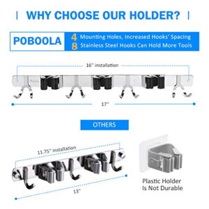 Poboola Mop Broom Holder, Stainless Steel Wall Mounted Garage Storage Organizer, Heavy Duty Tools Hanger with 3 Racks 8 Hooks for Home Kitchen Bathroom Closet Office Garden, 2 Pack (Silver)