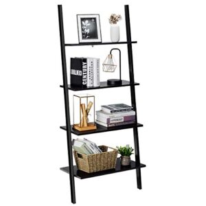 tangkula industrial 4-tier ladder shelf, leaning against the wall bookshelf for living room office, multipurpose storage rack shelves with metal frame, plant flower stand (black)