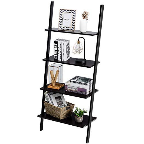 Tangkula Industrial 4-Tier Ladder Shelf, Leaning Against The Wall Bookshelf for Living Room Office, Multipurpose Storage Rack Shelves with Metal Frame, Plant Flower Stand (Black)