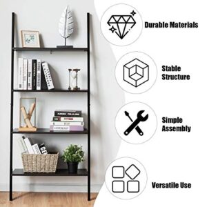 Tangkula Industrial 4-Tier Ladder Shelf, Leaning Against The Wall Bookshelf for Living Room Office, Multipurpose Storage Rack Shelves with Metal Frame, Plant Flower Stand (Black)