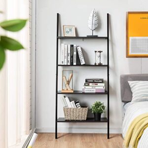 Tangkula Industrial 4-Tier Ladder Shelf, Leaning Against The Wall Bookshelf for Living Room Office, Multipurpose Storage Rack Shelves with Metal Frame, Plant Flower Stand (Black)