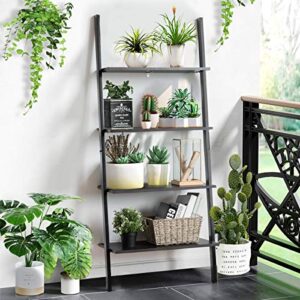 Tangkula Industrial 4-Tier Ladder Shelf, Leaning Against The Wall Bookshelf for Living Room Office, Multipurpose Storage Rack Shelves with Metal Frame, Plant Flower Stand (Black)