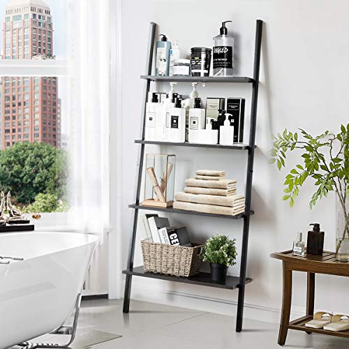 Tangkula Industrial 4-Tier Ladder Shelf, Leaning Against The Wall Bookshelf for Living Room Office, Multipurpose Storage Rack Shelves with Metal Frame, Plant Flower Stand (Black)