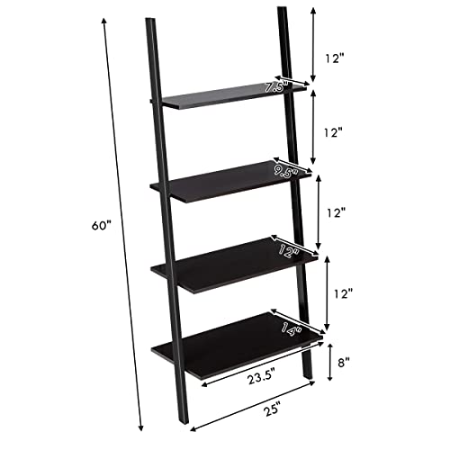 Tangkula Industrial 4-Tier Ladder Shelf, Leaning Against The Wall Bookshelf for Living Room Office, Multipurpose Storage Rack Shelves with Metal Frame, Plant Flower Stand (Black)