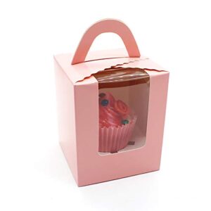 25 pcs pink paper cupcakes boxes,portable single individual cupcake gift boxes with window inserts handle for wedding candy boxes (pink)