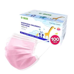 g-box [public company kids face masks, children's face masks disposable, 3-layer, cute cartoon patterns(100-pcs) (plain pink)
