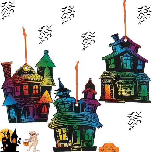 Halloween Magic Scratch Crafts for Kids and Adults - DIY Halloween Decorations - Haunted House Arts and Crafts Ornaments - Includes 24 Haunted House Ornaments, 24 Scratch Sticks, 24 Satin Cord Ribbons