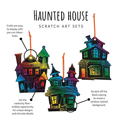 Halloween Magic Scratch Crafts for Kids and Adults - DIY Halloween Decorations - Haunted House Arts and Crafts Ornaments - Includes 24 Haunted House Ornaments, 24 Scratch Sticks, 24 Satin Cord Ribbons