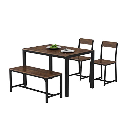 FUILIAY 4 Piece Wooden Dining Set for Kitchen, Home Dining Room, Rectangular Table with Bench and 2 Chairs, Steel Frame - Brown