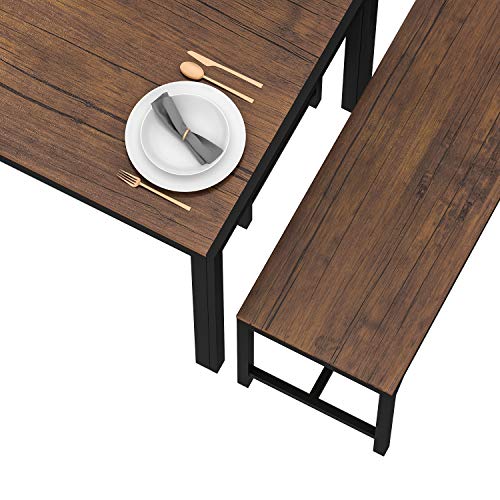 FUILIAY 4 Piece Wooden Dining Set for Kitchen, Home Dining Room, Rectangular Table with Bench and 2 Chairs, Steel Frame - Brown