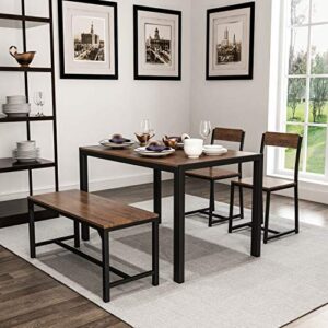 FUILIAY 4 Piece Wooden Dining Set for Kitchen, Home Dining Room, Rectangular Table with Bench and 2 Chairs, Steel Frame - Brown