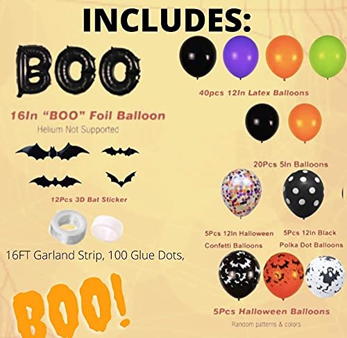 92 Pc BOO Foil, Bat, Latex, Confetti Halloween Balloon Garland Kit-Purple,Green, Orange, Confetti, Black, Polka Dots