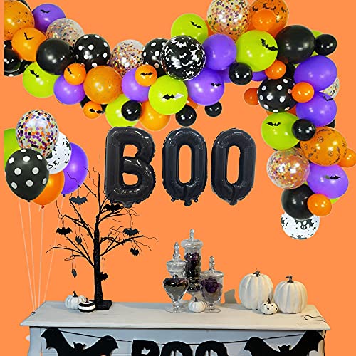 92 Pc BOO Foil, Bat, Latex, Confetti Halloween Balloon Garland Kit-Purple,Green, Orange, Confetti, Black, Polka Dots