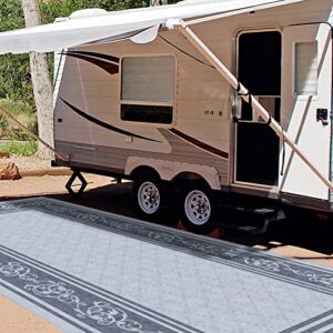 eez rv products 9x18vg heavy duty reversible/durable outdoor patio/rving mats(9ft x18ft vine grey) come with large storage bag & 6 sets of stakes and washer