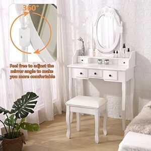 Vanity Mirror Table Set, Makeup Desk Vanity with Stool, Vintage Bedroom Vanity Lots Storage Dressing Table White for Women and Girls