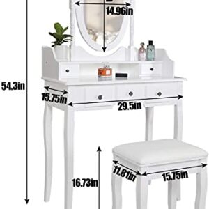 Vanity Mirror Table Set, Makeup Desk Vanity with Stool, Vintage Bedroom Vanity Lots Storage Dressing Table White for Women and Girls