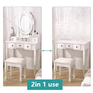 Vanity Mirror Table Set, Makeup Desk Vanity with Stool, Vintage Bedroom Vanity Lots Storage Dressing Table White for Women and Girls