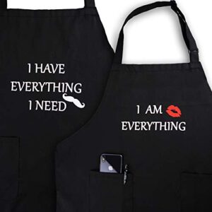 apron couples, yika cooking kitchen aprons set: waterproof apron for women men, with adjustable neck strap with extra long ties, 2 pockets (black)