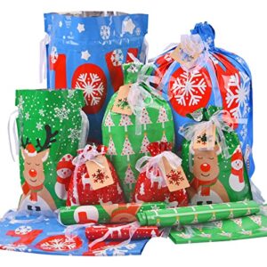 christmas gift bags assorted sizes, 22pcs drawstrings christmas bags for gifts, presents wrapping bags favor goody bags reusable plastic xmas holiday gift bag bulk extra large/big/medium/small size