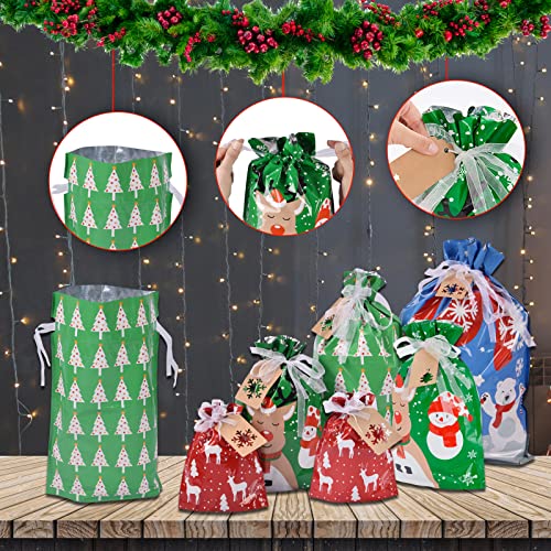 Christmas Gift Bags Assorted Sizes, 22pcs Drawstrings Christmas Bags For Gifts, Presents Wrapping Bags Favor Goody Bags Reusable Plastic Xmas Holiday Gift Bag Bulk Extra Large/Big/Medium/Small Size