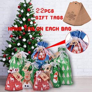 Christmas Gift Bags Assorted Sizes, 22pcs Drawstrings Christmas Bags For Gifts, Presents Wrapping Bags Favor Goody Bags Reusable Plastic Xmas Holiday Gift Bag Bulk Extra Large/Big/Medium/Small Size