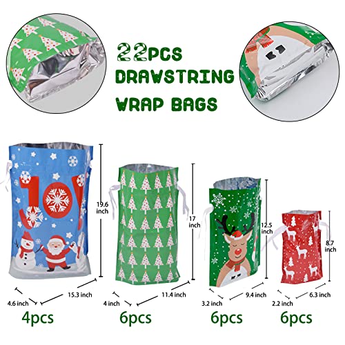 Christmas Gift Bags Assorted Sizes, 22pcs Drawstrings Christmas Bags For Gifts, Presents Wrapping Bags Favor Goody Bags Reusable Plastic Xmas Holiday Gift Bag Bulk Extra Large/Big/Medium/Small Size