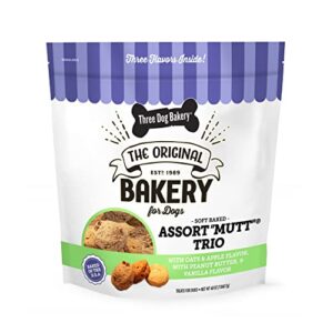 Three Dog Bakery Assort Mutt Cookie Trio, Soft Baked Treats for Dogs, Three Flavor; Oatmeal and Apple, Peanut Butter, and Vanilla, 3 Pound Bulk Resealable Pack