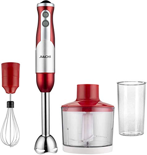 JiaChi 800W Variable Speed Immersion Hand Blender Set Includes BPA-Free Food Chopper/Egg Beater/Beaker, Titanium Coating Blade, Ergonomic Grip Detachable, Comfortable Silicone Button, Red