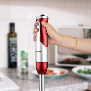 JiaChi 800W Variable Speed Immersion Hand Blender Set Includes BPA-Free Food Chopper/Egg Beater/Beaker, Titanium Coating Blade, Ergonomic Grip Detachable, Comfortable Silicone Button, Red